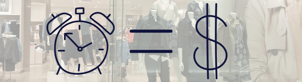 An image of a clock and a dollar sign in front of a clothing store, highlighting the issue of time theft.