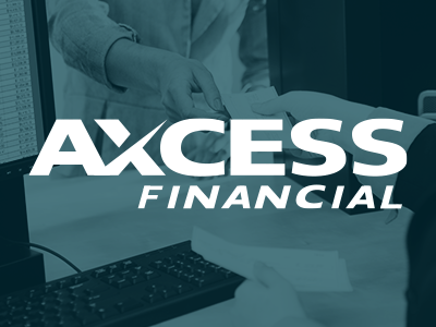 Axcess Financial logo with customer and employee exchanging financial documents in the background.