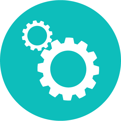Two gears in a turquoise circle.