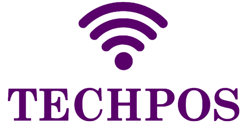 A purple logo with the word techos on it.