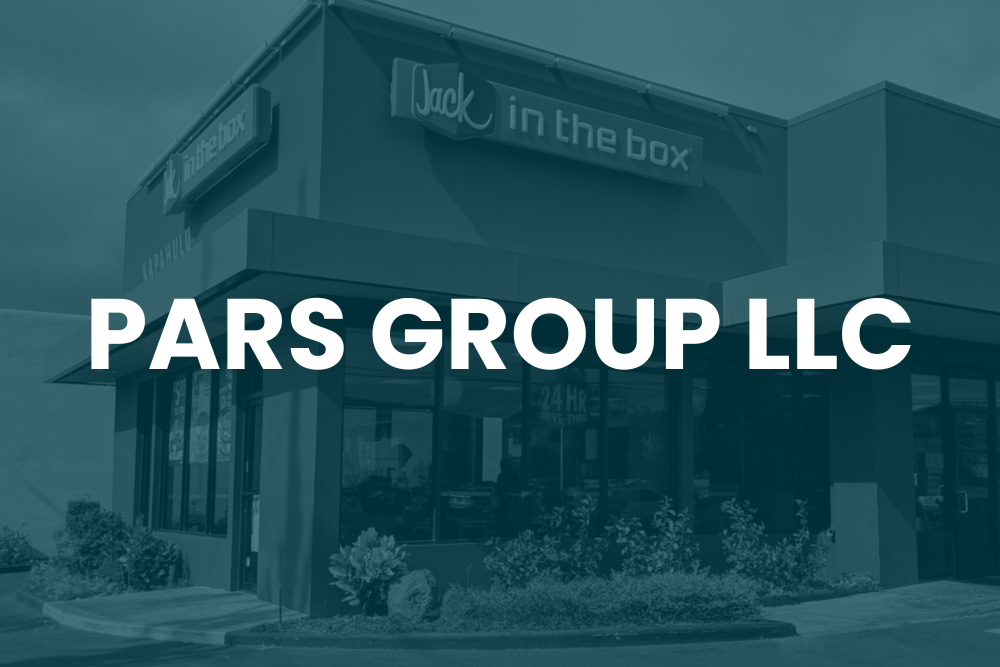 A Jack in the Box restaurant exterior with large text overlay reading "PARS GROUP LLC.