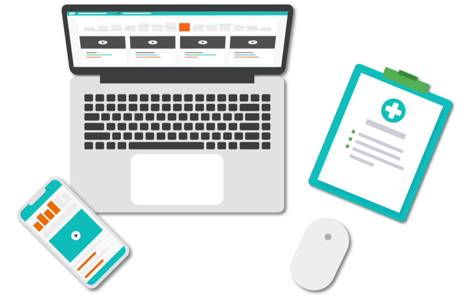 computer-phone-regulations-illustration A laptop, phone, tablet and clipboard on a table.