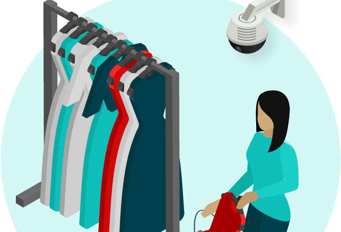 A person holding a red garment stands by a clothing rack with various outfits. A security camera is mounted nearby, monitoring the area.