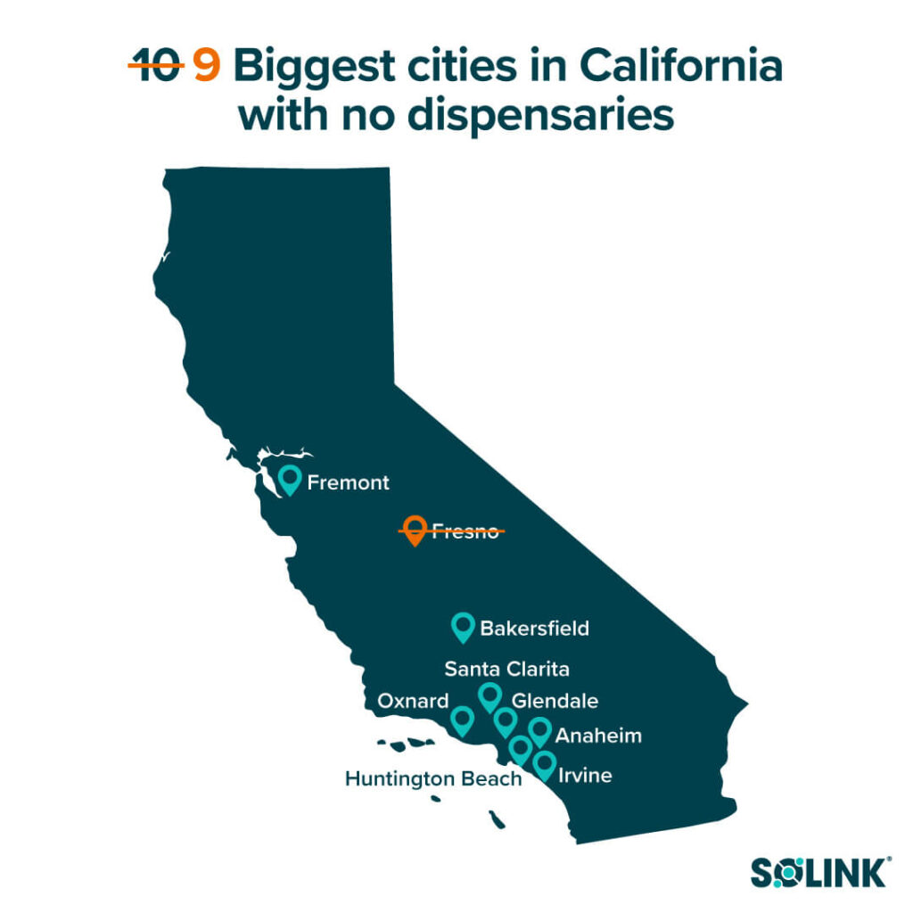 biggest cities in california with no dispensaries