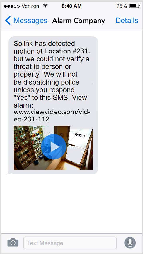 A screenshot of a text message notification from Solink about motion detected at a business and dispatching police