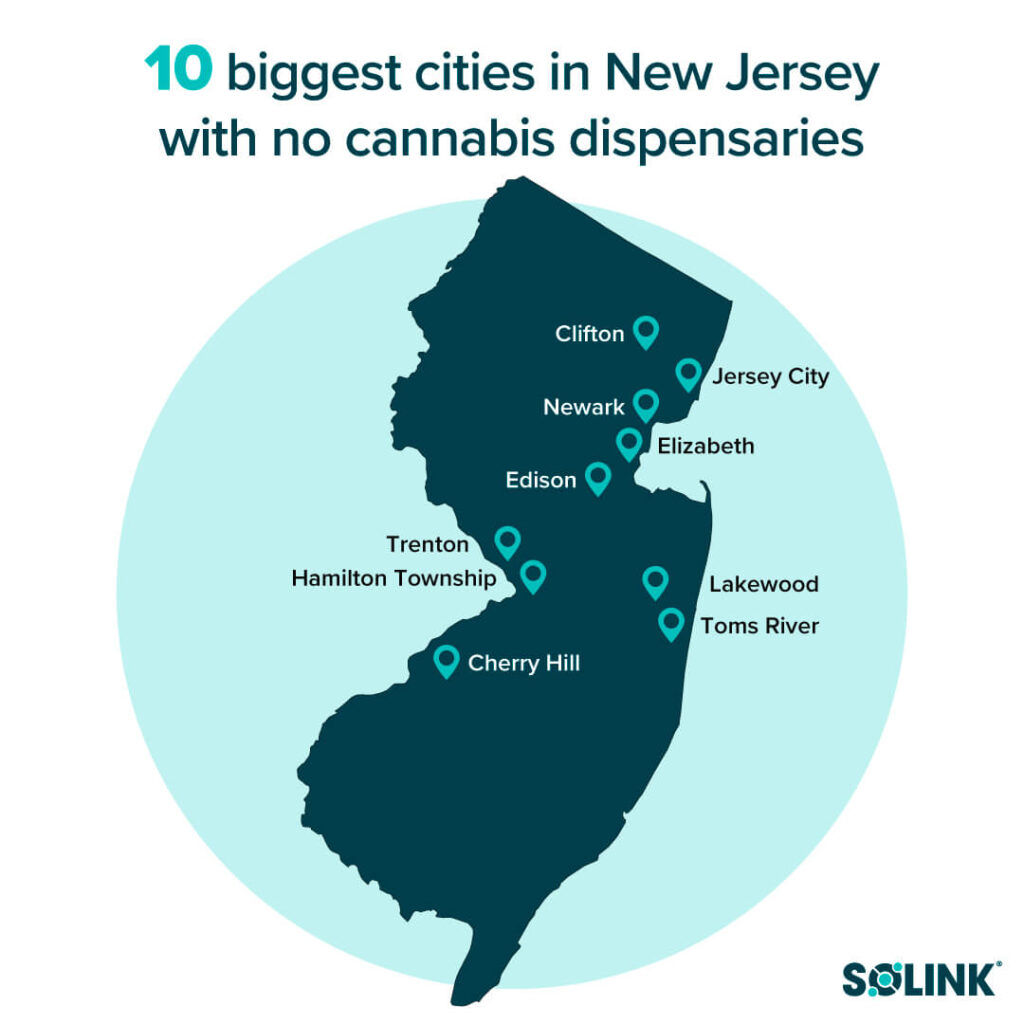 A map showing the 10 biggest cities in new jersey with no cannabis dispensaries