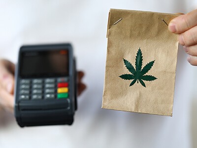 Someone holding a point of sale machine in one hand, and holding a paper bag with a cannabis leaf on it in the other hand