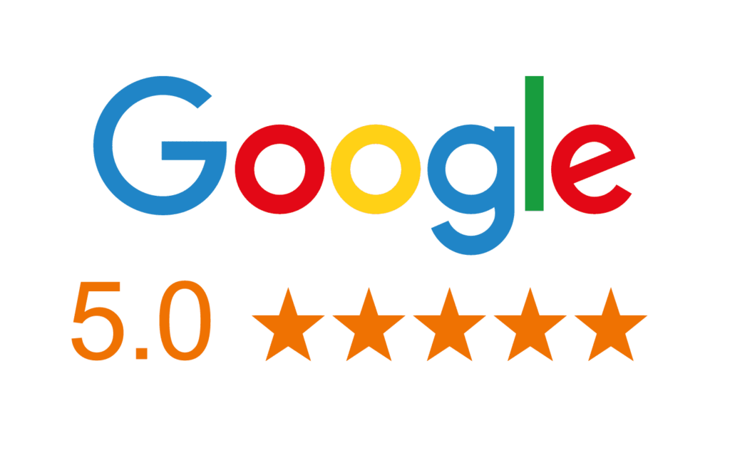 Google logo above the text "5.0" and five orange stars, indicating a perfect five-star rating.