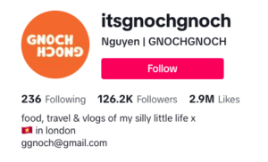 Profile view of a social media account "itsgnochgnoc" with 236 following, 126.2k followers, 2.9m likes, includes an email and a personal description about travel and vlogs.
