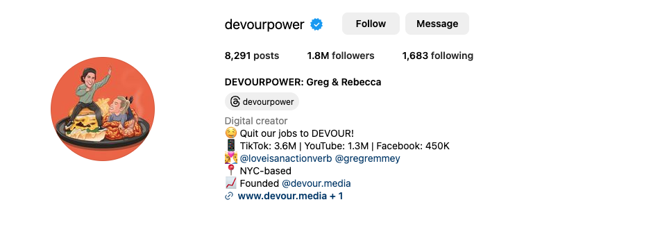A screenshot of an instagram profile named "devourpower" featuring a red circle profile image of a couple eating, and includes user stats and links.