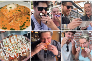 Collage of six images showcasing food: two feature plated dishes, and four show people tasting or reacting to food, including a man and woman eating street food.