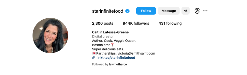 Profile page of caitlin latessa-greene, featuring her smiling portrait, with details including her role as a digital creator, author, and her nickname "veggie queen." she is based in the boston area.