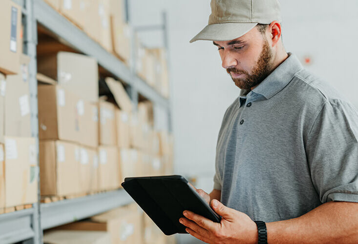 A man in a gray polo shirt and cap uses a tablet while standing in a warehouse with shelves of cardboard boxes.