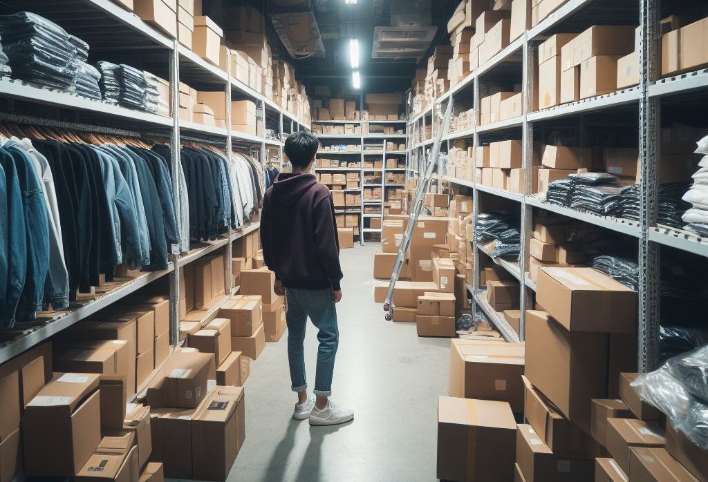 Person standing in a warehouse aisle with shelves full of brown boxes and folded clothes, under bright overhead lights.