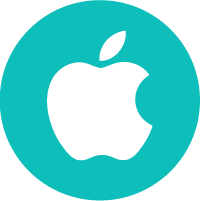 A white apple logo in a turquoise circle.