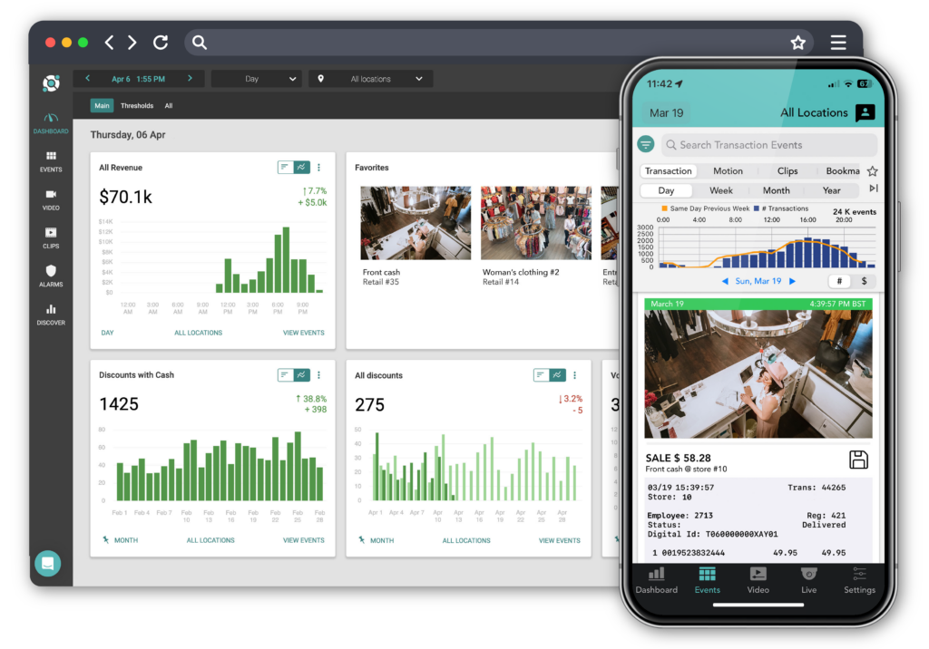 A computer and smartphone display business analytics dashboards with graphs, sales data, and detailed transaction records.