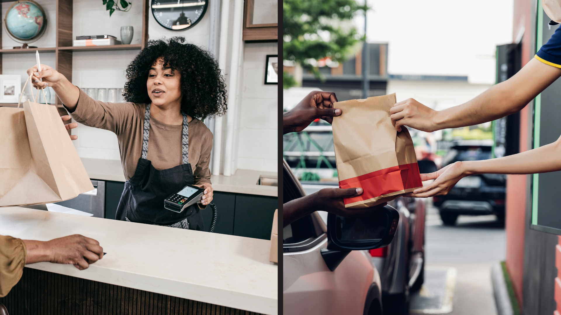 retail vs. food industry Left: Woman at a counter handing a paper bag, holding a payment device. Right: Person handing a paper bag through a car window in a drive-thru setting.