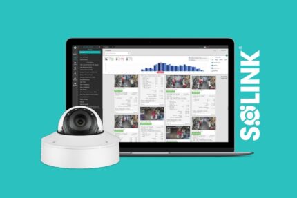 A laptop displays security footage and analytics software next to a dome security camera, with the Solink logo on a teal background.