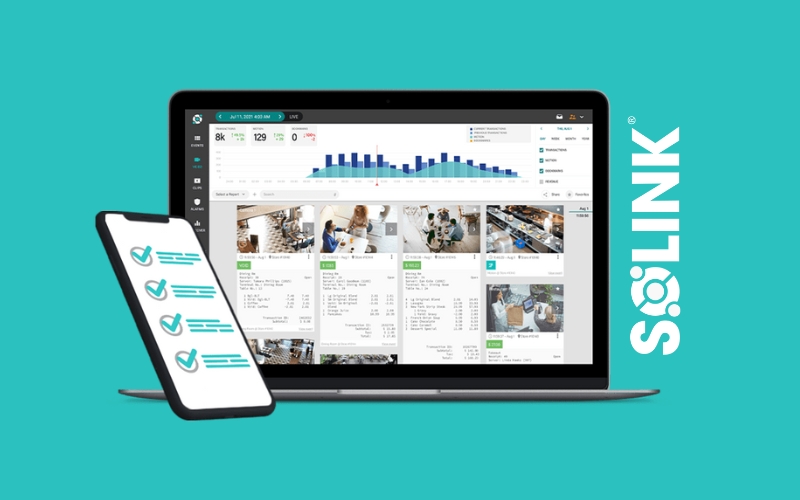 A laptop and smartphone displaying security and analytics software screens on a turquoise background with the Solink logo.