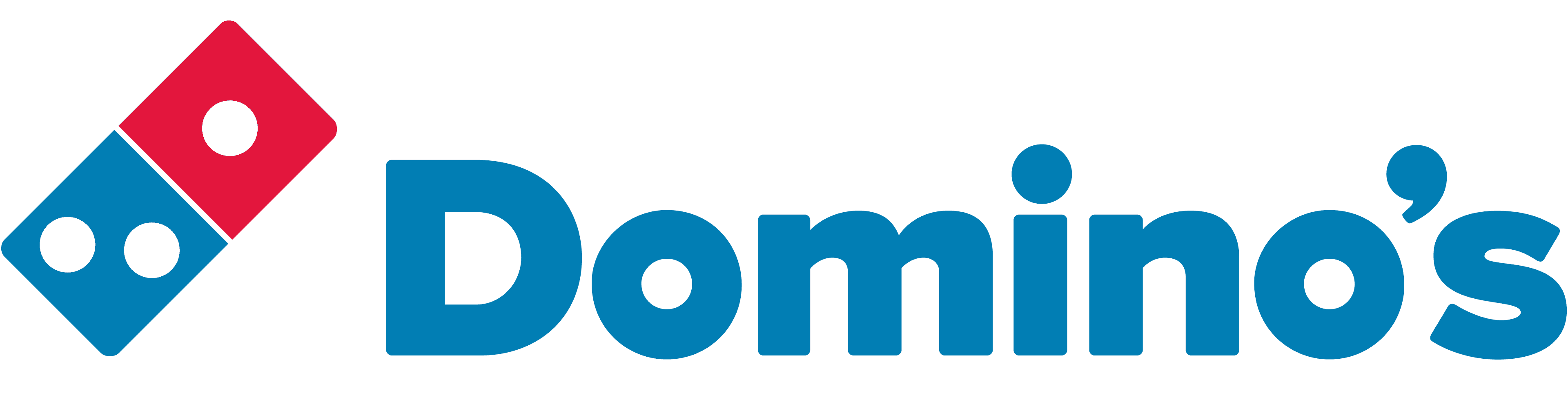 Logo of Domino's Pizza with a red and blue domino tile on the left and the word "Domino's" in blue on the right.