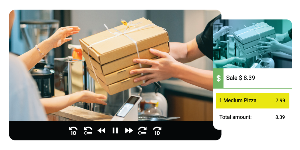 A person hands over three pizza boxes to a customer at a counter, with a digital receipt showing a sale of one medium pizza for $7.99 and a total amount of $8.39.