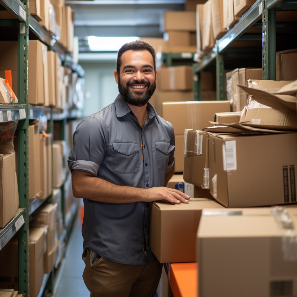 A man standing in a warehouse with boxes.