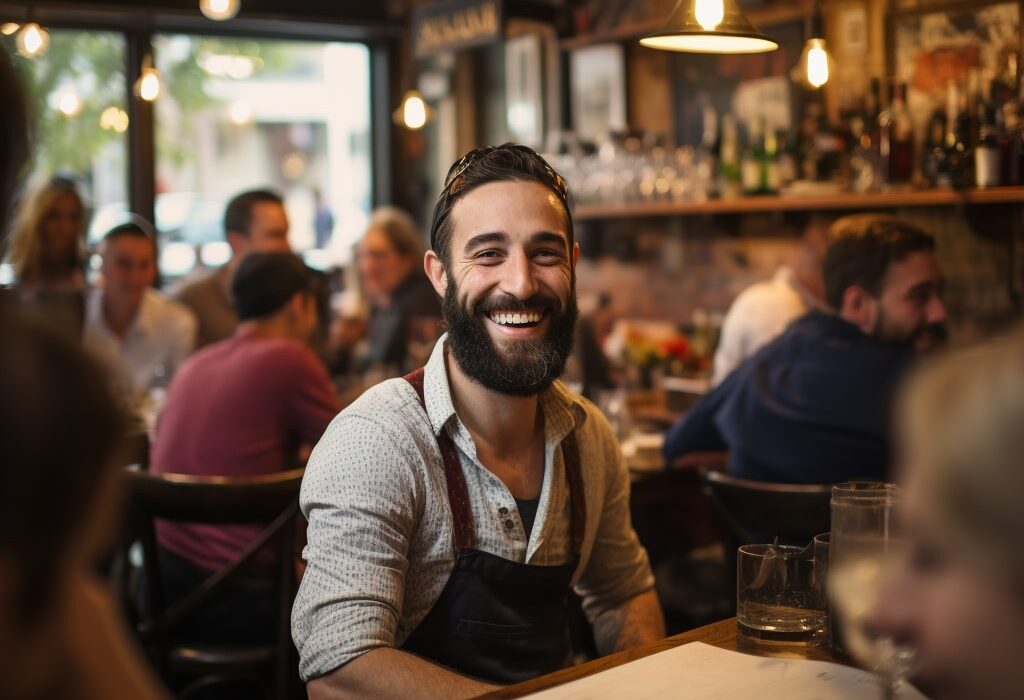 A man smiling at a table in a restaurant.