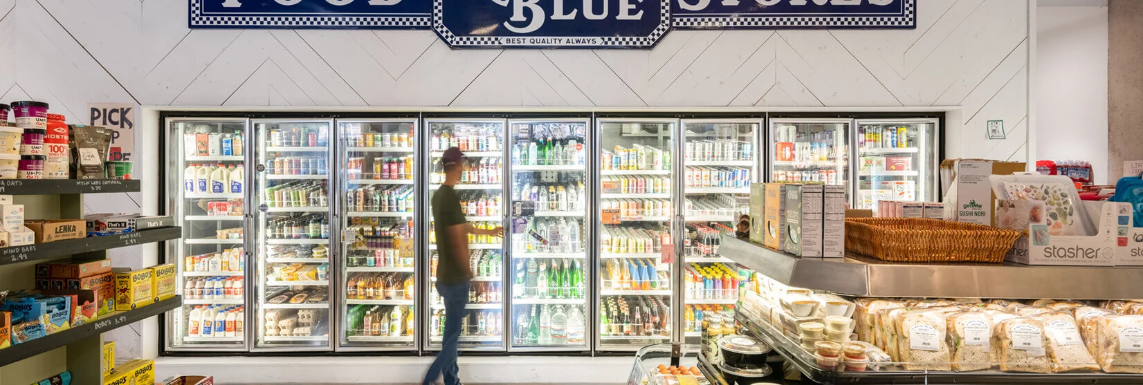 A store with a sign that says food blue.