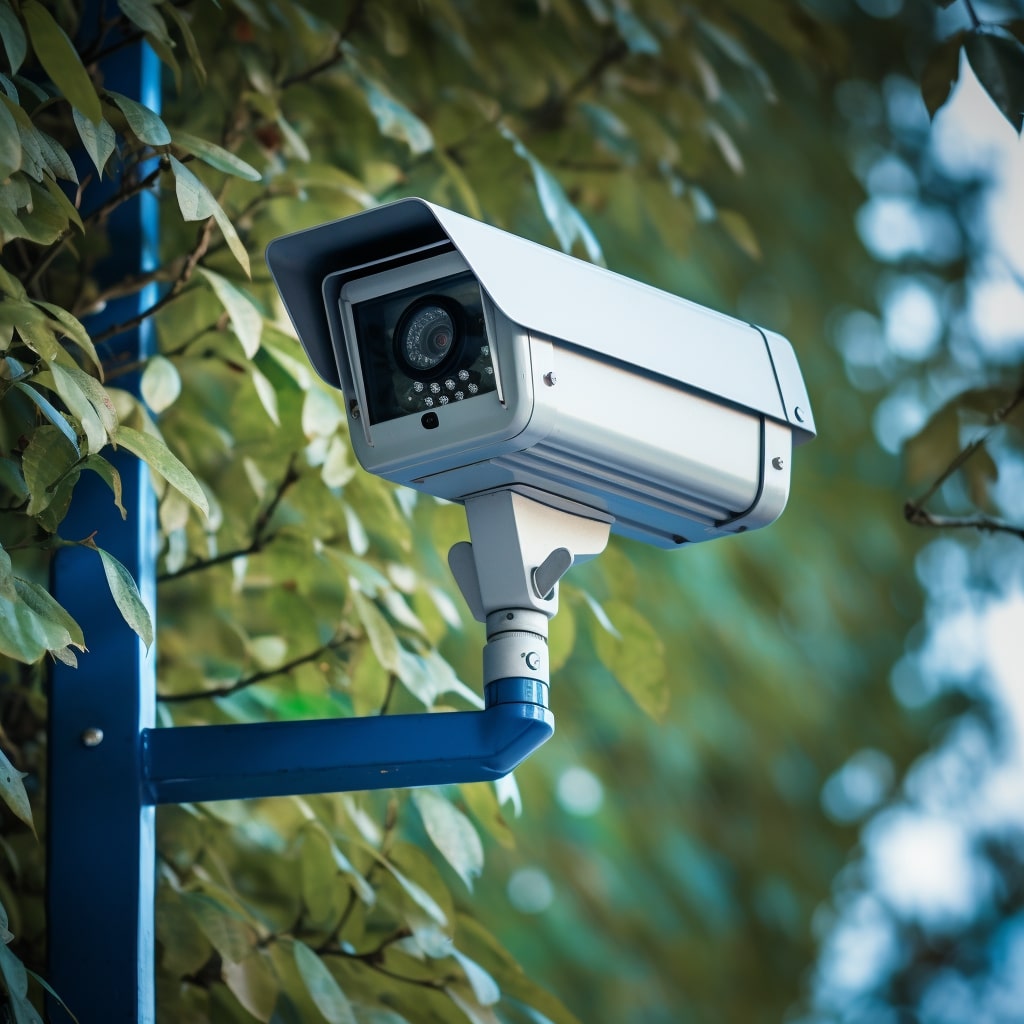Cctv camera on a pole with trees in the background.
