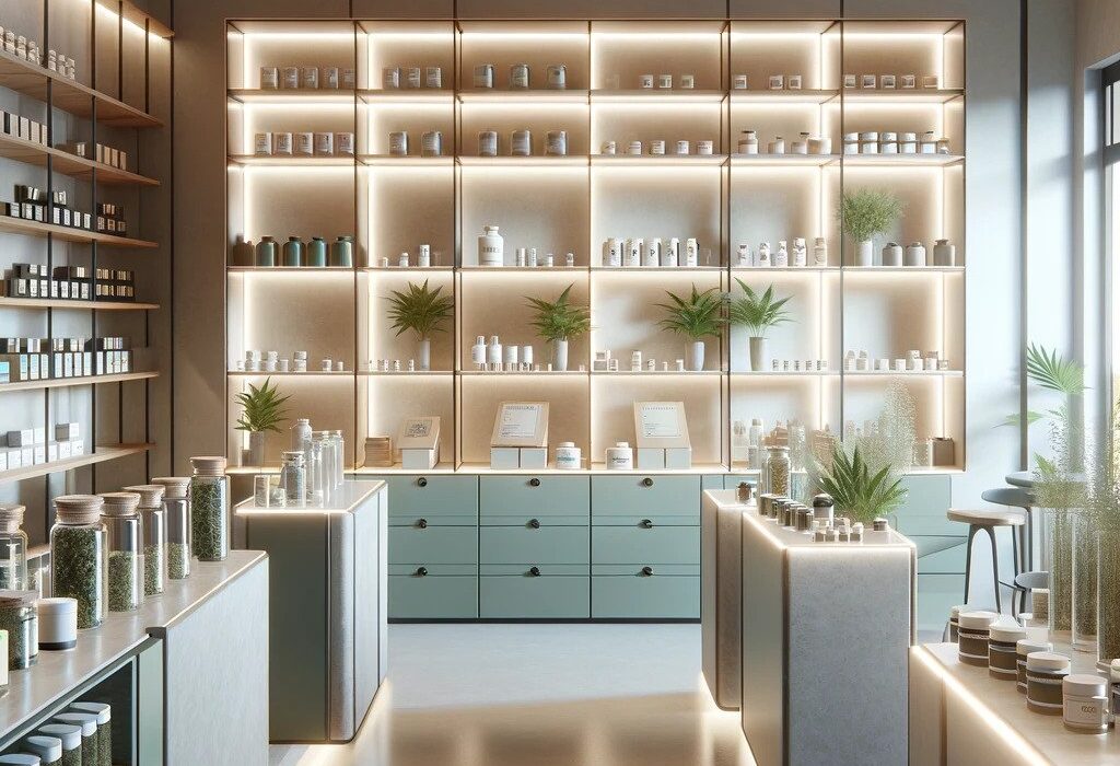 A modern, well-lit store interior with neatly arranged shelves displaying various jars, bottles, and containers, along with some potted plants for decoration.