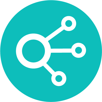 A white circle with an icon of a network.