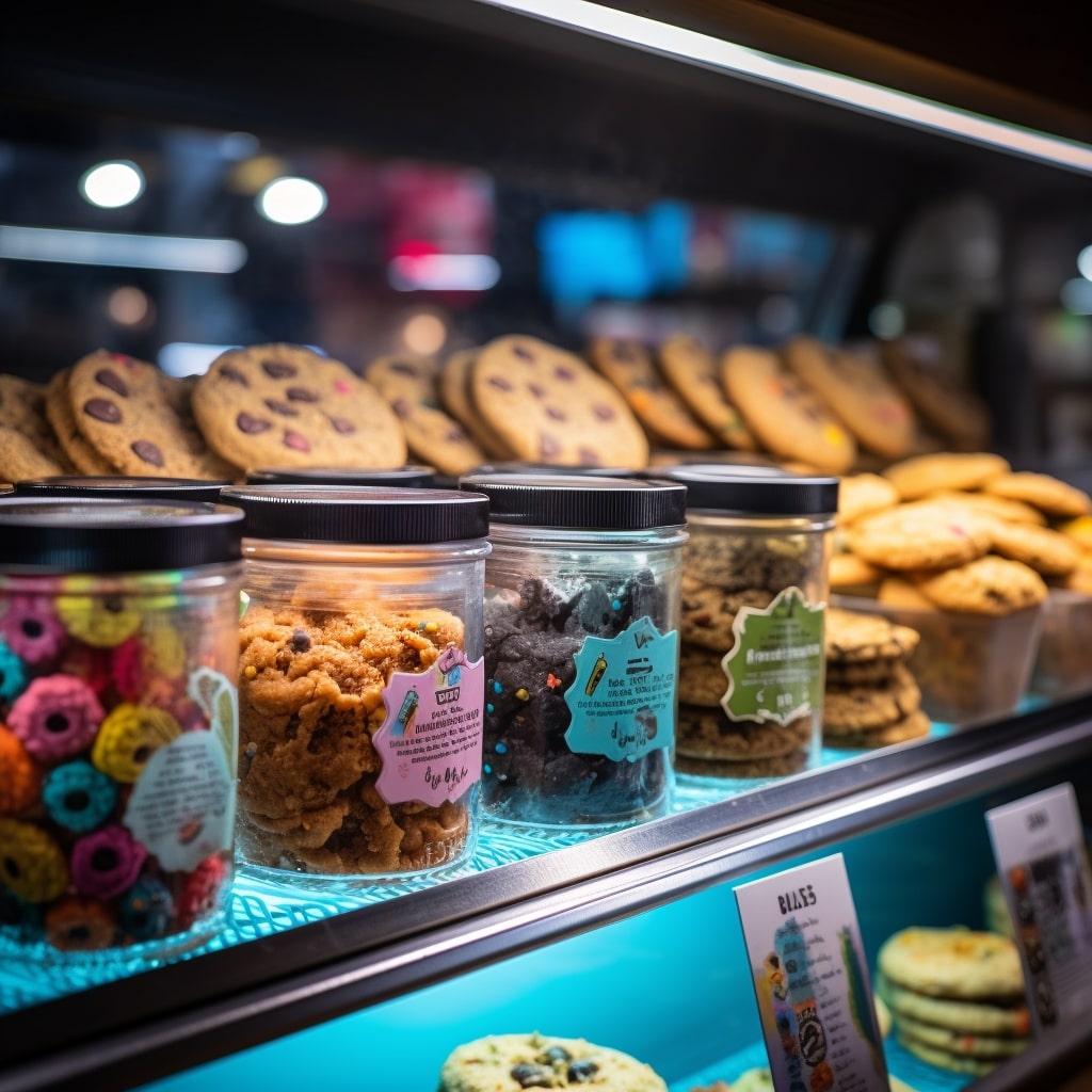 Jars of cookies in a display case.