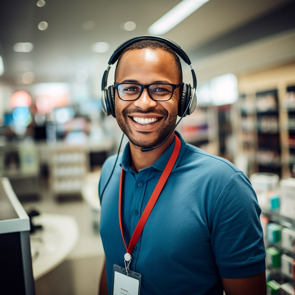 A smiling black man wearing headphones in a store.