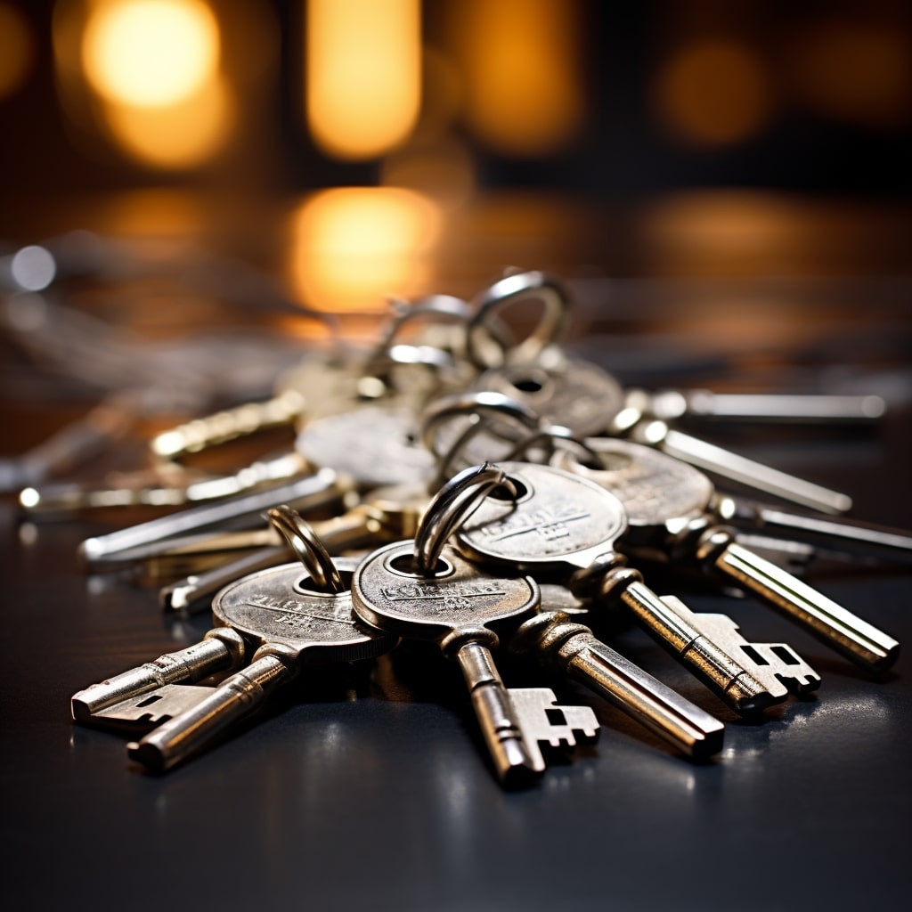 A bunch of keys on a table.