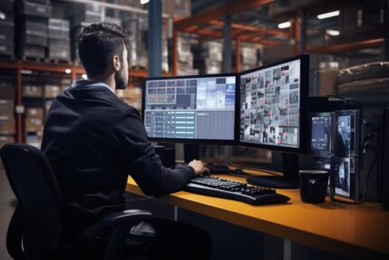 A man working at a desk in a warehouse.