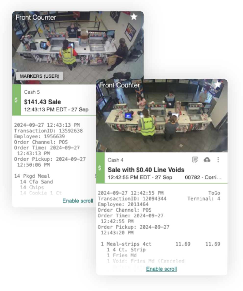 Two receipts and overhead views of a fast-food counter on September 27, showing sales details and employees in uniform working behind the counter.