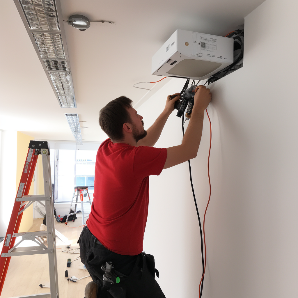 A man installing a projector in an office.