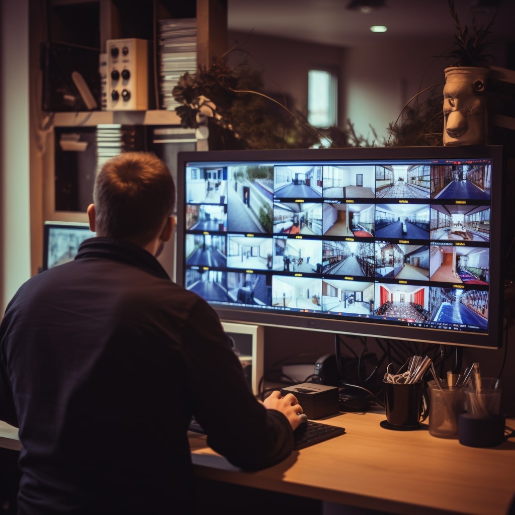 A man sitting at a desk looking at a monitor with several images on it.
