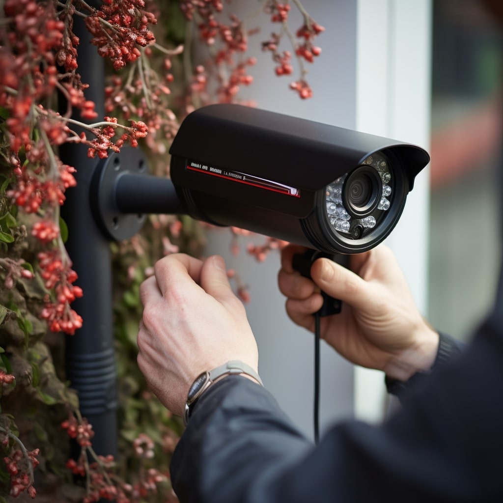 A man is using a security camera on a wall.