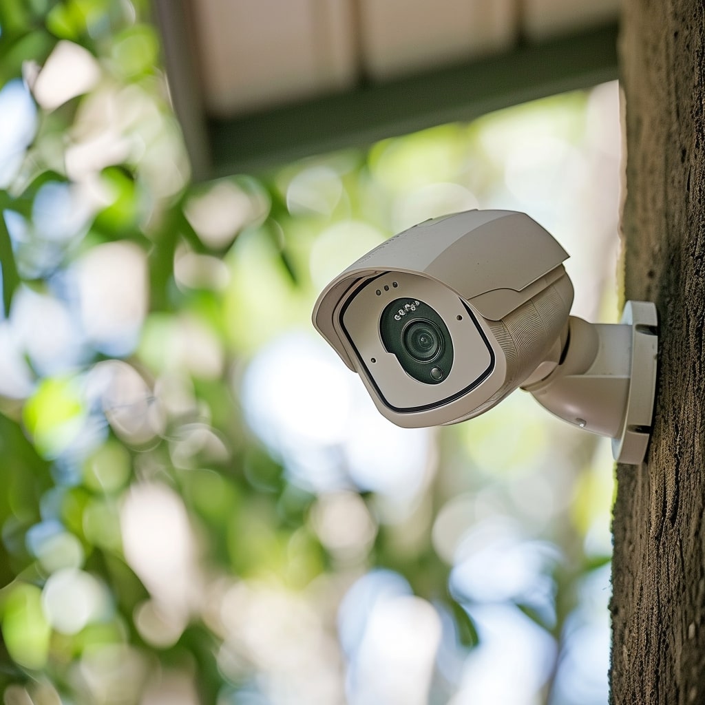 A white cctv camera on the side of a tree.