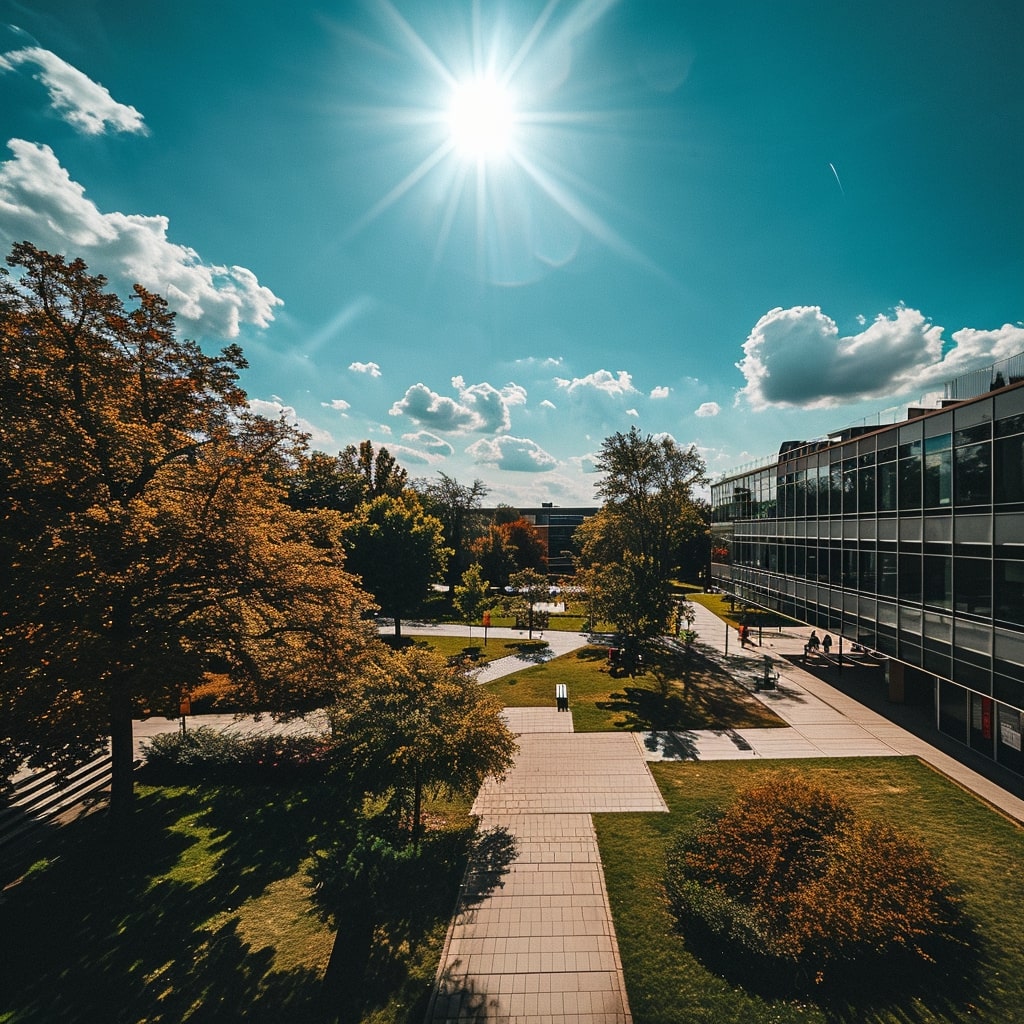 An aerial view of a campus with trees and a sun.