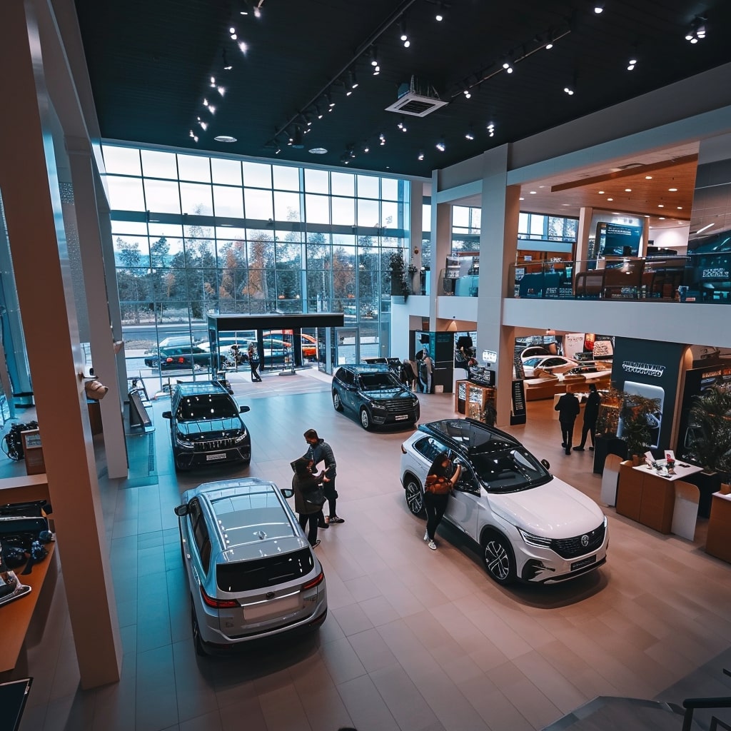 The interior of a car showroom with many cars in it.