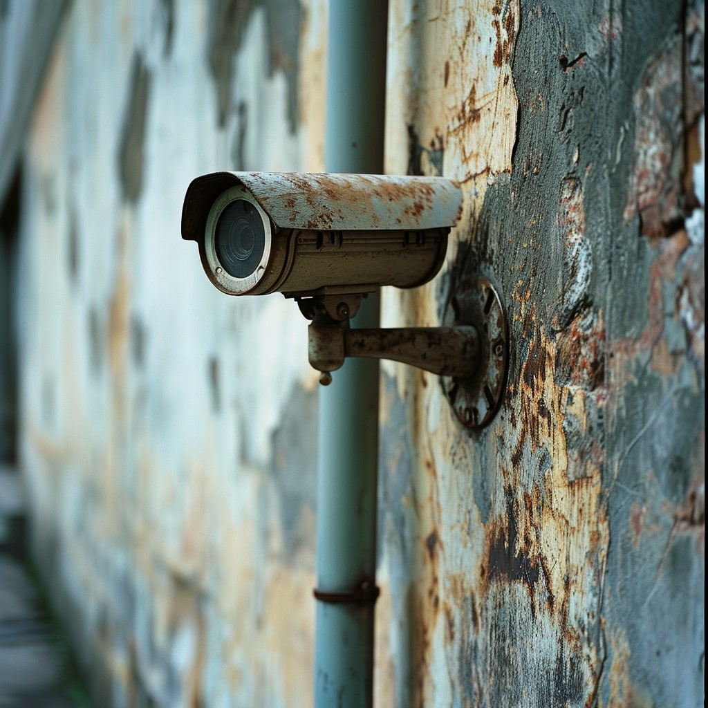 A rusty camera on a wall.