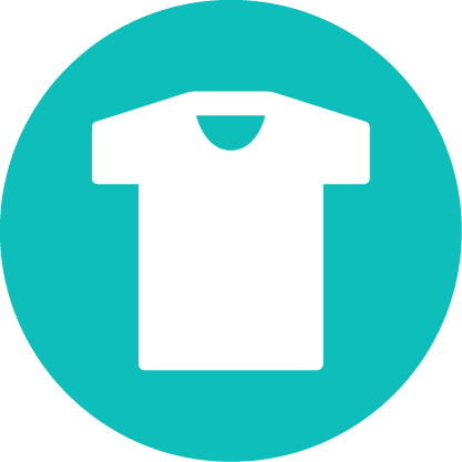 A white t–shirt icon in a turquoise circle. Solink can be tailored to clothing retailers.