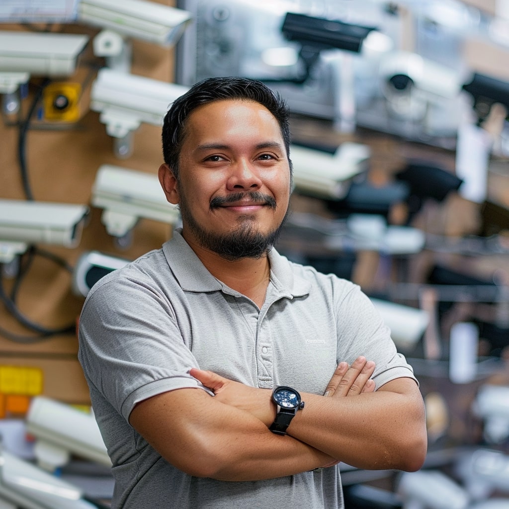 A man standing in front of cctv cameras.