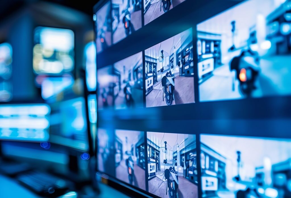 A computer screen displays multiple security camera feeds showing a person in a motorcycle helmet at a gas station.