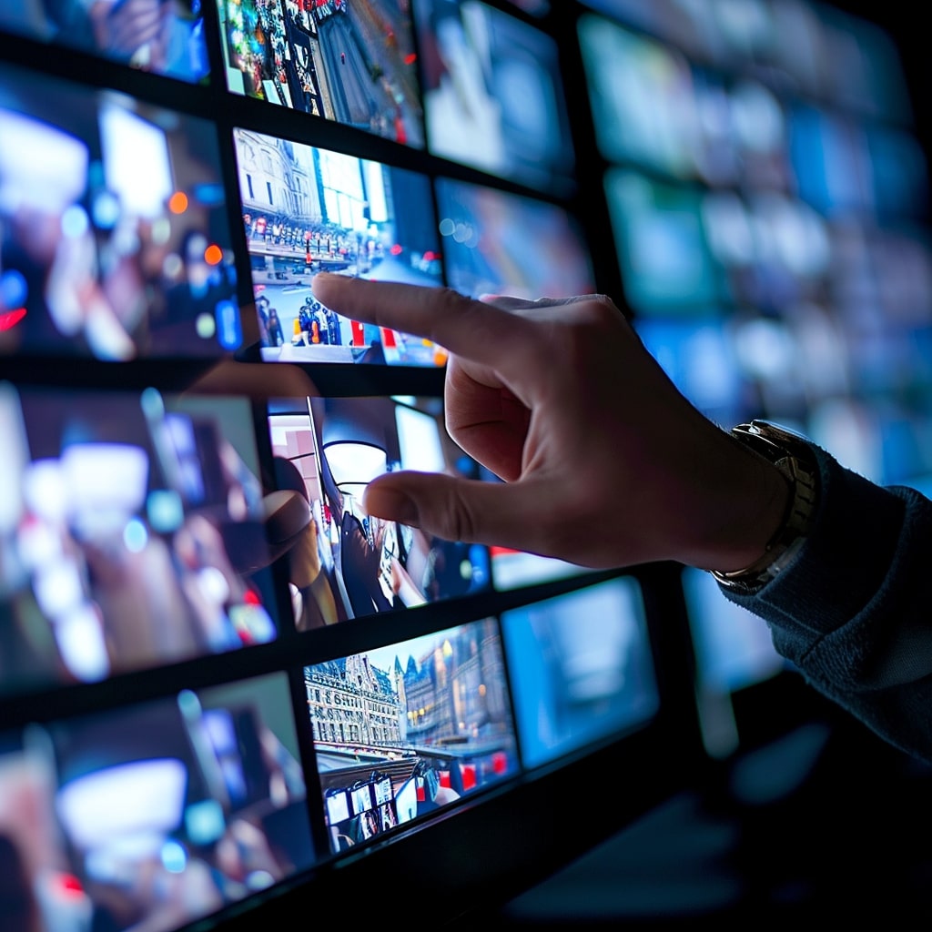 A person is pointing at a television screen.