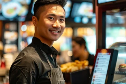 A smiling employee standing next to a digital menu at a restaurant.