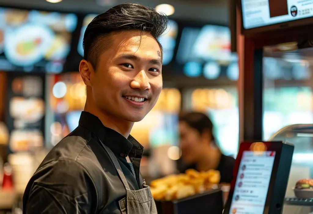 A young man in a black uniform and apron smiles while standing behind the counter at a fast food restaurant.