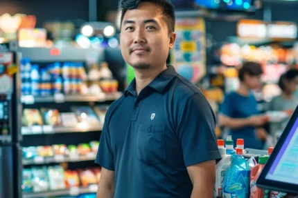 A man in a blue polo shirt standing in a supermarket with checkout lanes in the background.